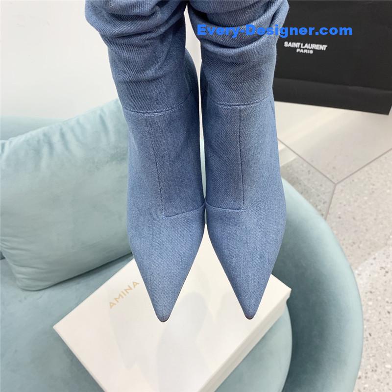 Amina Muaddi wine glass heel pleated high heel boots