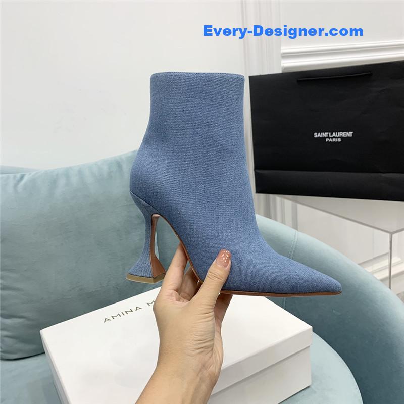 Amina Muaddi wine glass heel pleated high heel boots