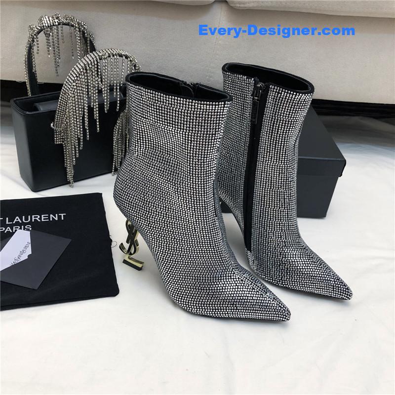 y51 letter metal heel full D1am0nd zipper ankle boots