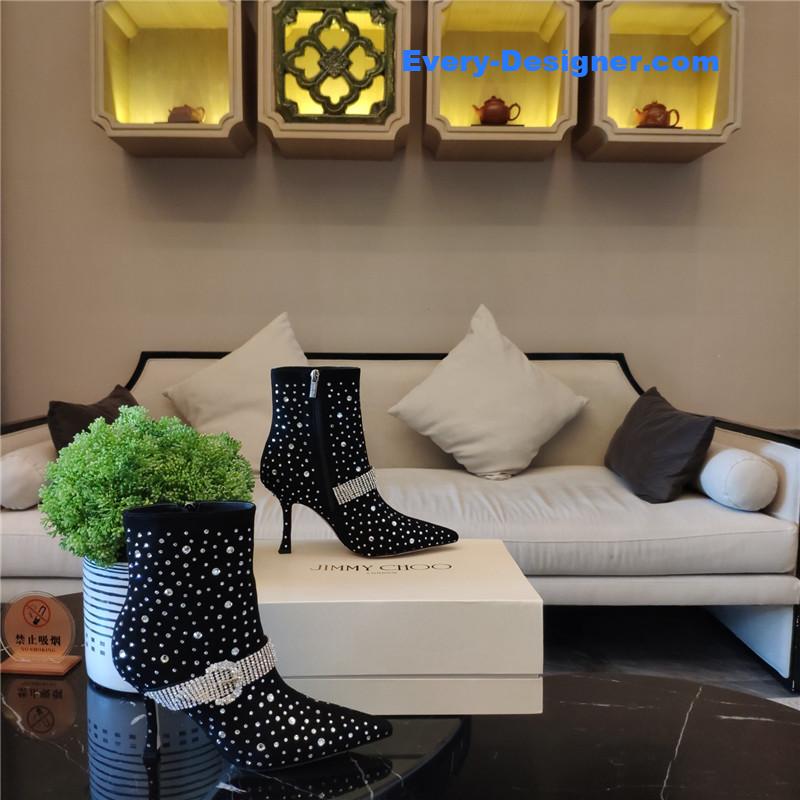 J1m*y Ch00 kaza suede crystal-buckle booties