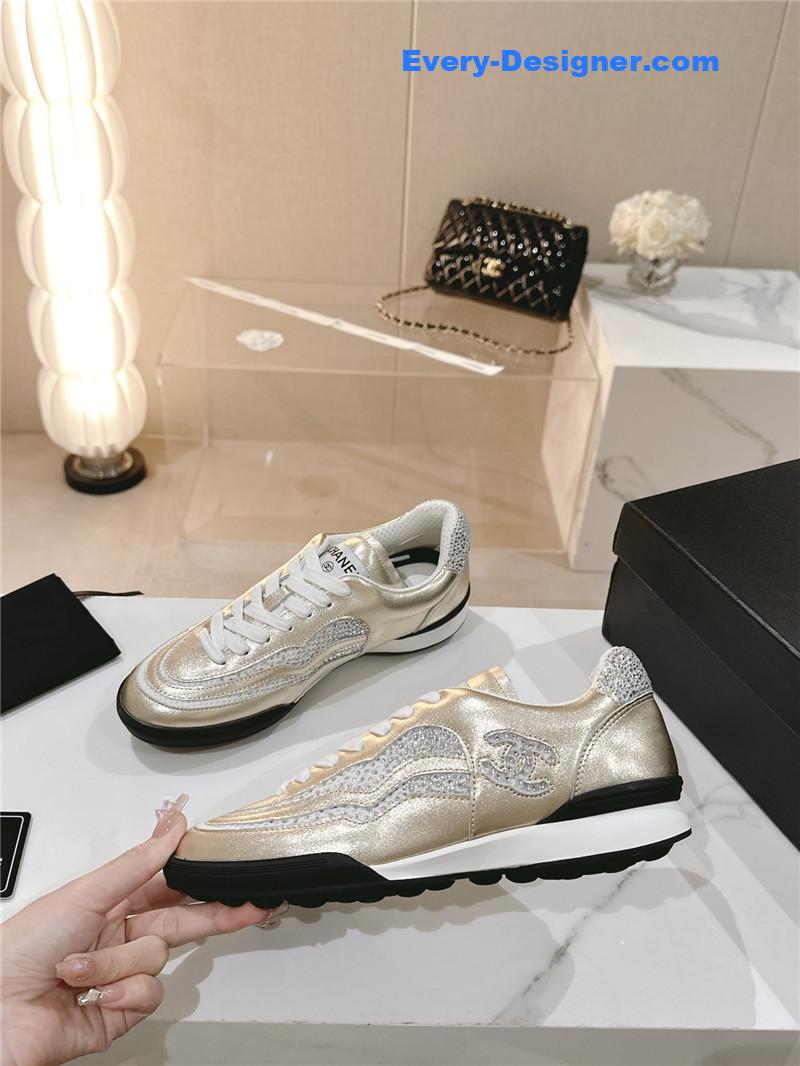 Ch**el gold laminated suede quilted cc sneakers