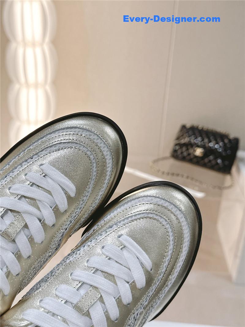 Ch**el gold laminated suede quilted cc sneakers