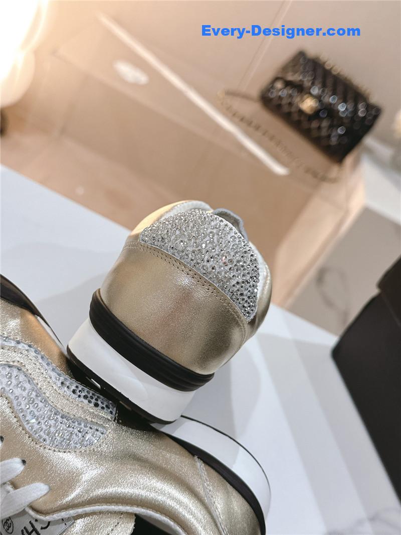 Ch**el gold laminated suede quilted cc sneakers