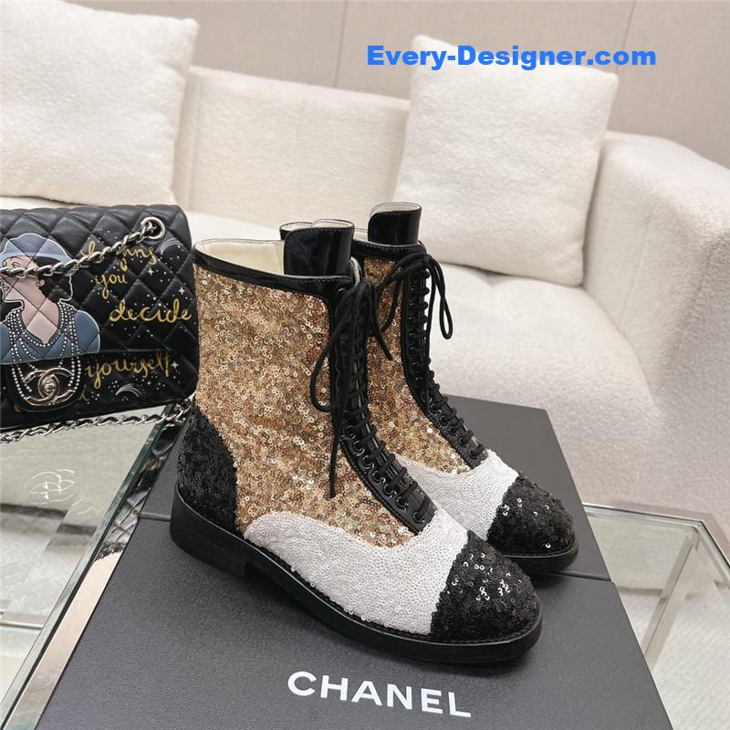 Ch**el sequins calfskin lace-up boots