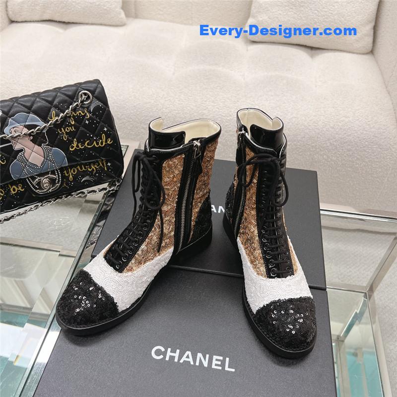 Ch**el sequins calfskin lace-up boots