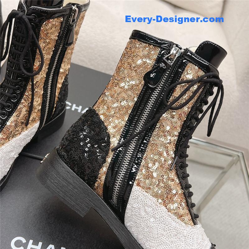 Ch**el sequins calfskin lace-up boots
