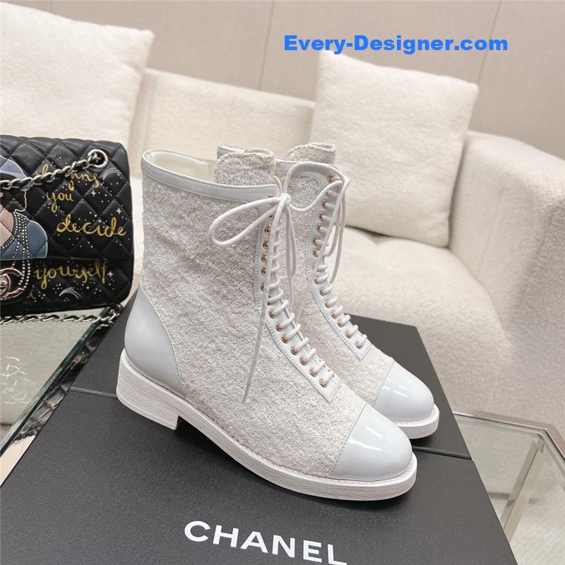 Ch**el tweed patent calfskin lace-up boots white