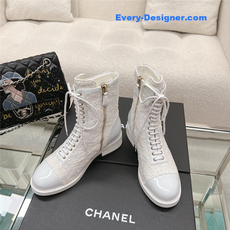 Ch**el tweed patent calfskin lace-up boots white