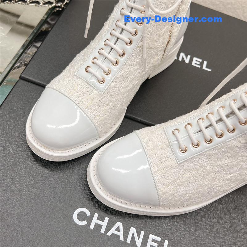 Ch**el tweed patent calfskin lace-up boots white