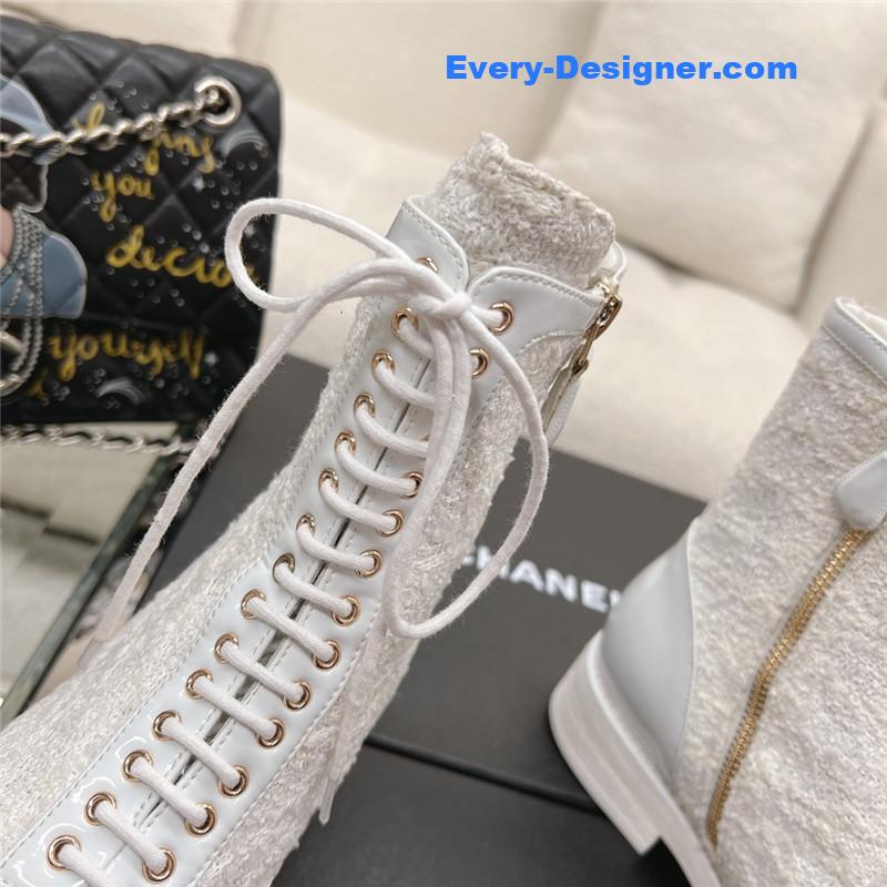 Ch**el tweed patent calfskin lace-up boots white