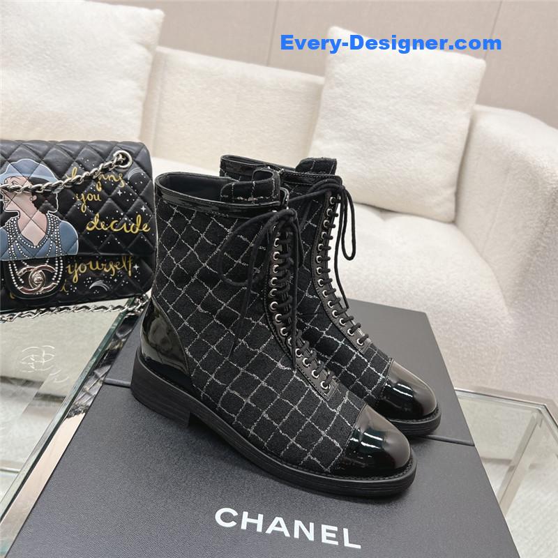 Ch**el tweed patent calfskin lace-up boots
