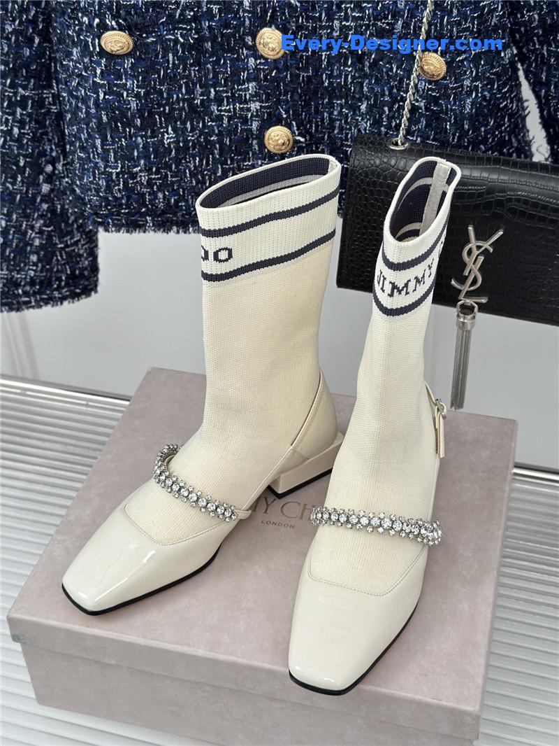 J1m*y Ch00 white knit patent leather socks boots