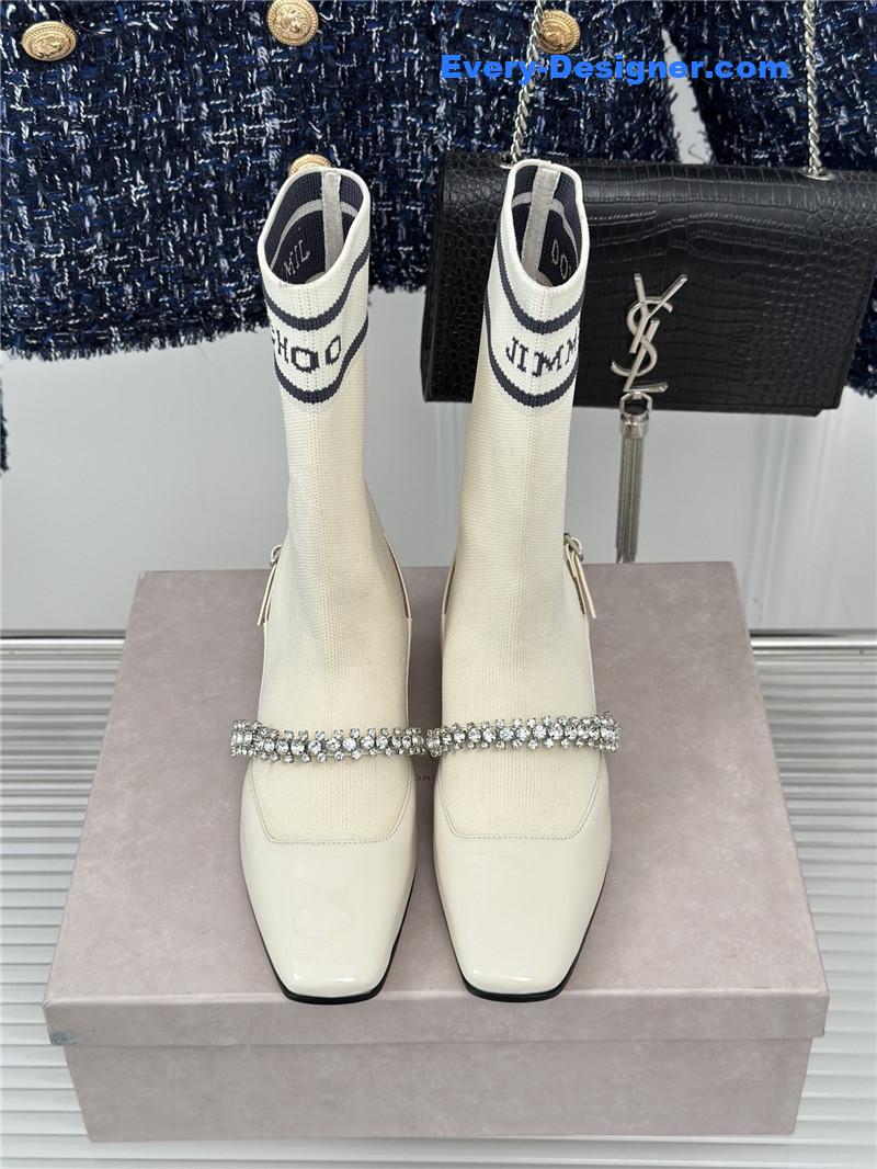 J1m*y Ch00 white knit patent leather socks boots