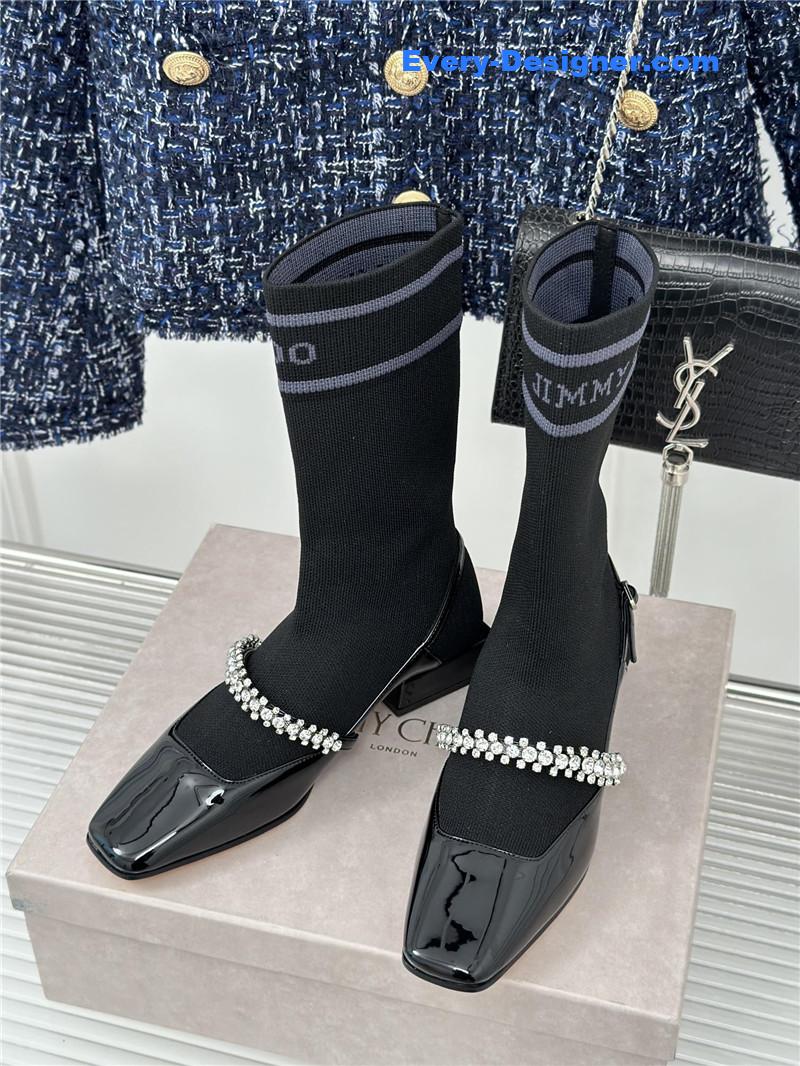 J1m*y Ch00 knit patent leather socks boots