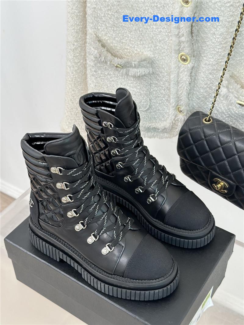 Ch**el calfskin grosgrain quilted lace-up boots