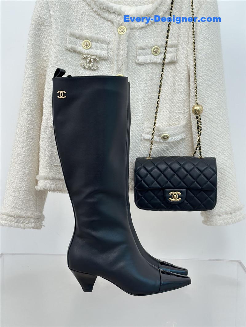 Ch**el calfskin knee-length heeled boots