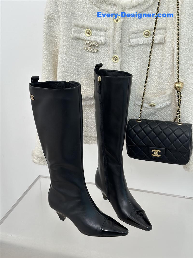 Ch**el calfskin knee-length heeled boots