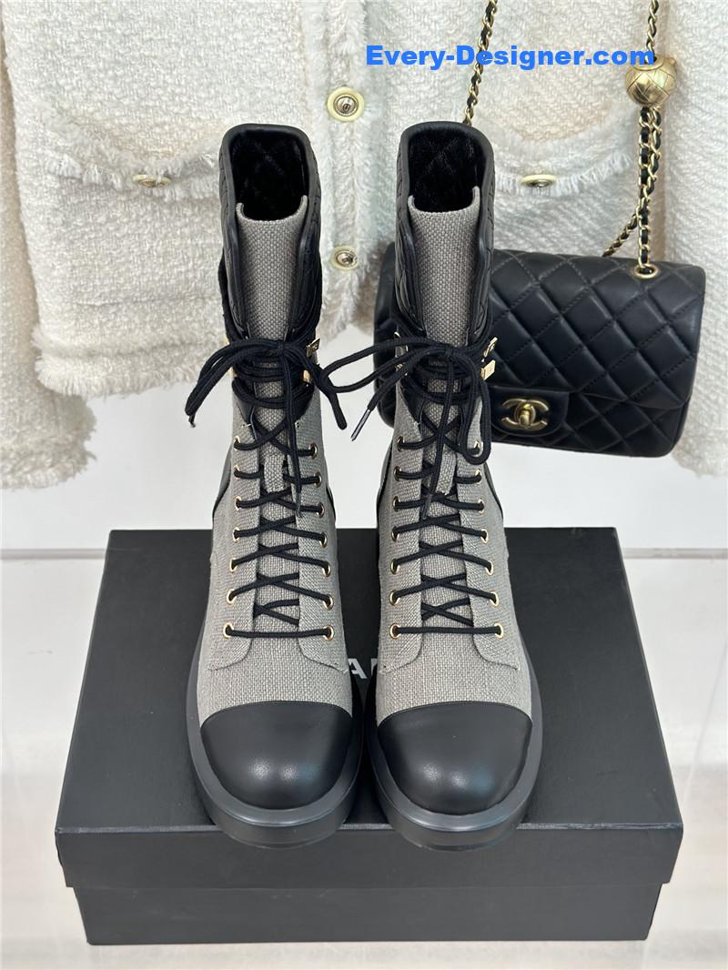 Ch**el gray denim calfskin quilted lace-up boots