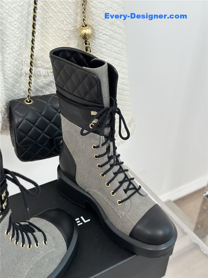 Ch**el gray denim calfskin quilted lace-up boots