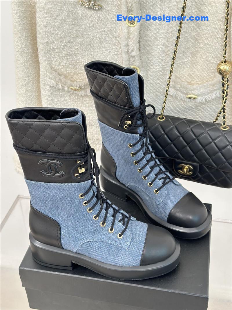 Ch**el denim calfskin quilted lace-up boots