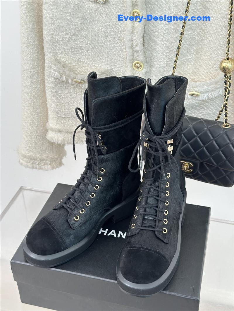 Ch**el black suede leather quilted lace-up boots