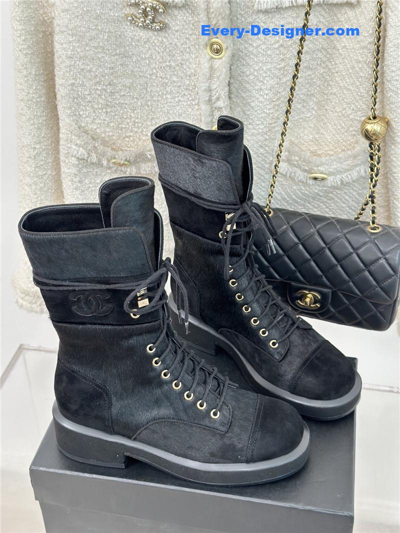 Ch**el black suede leather quilted lace-up boots