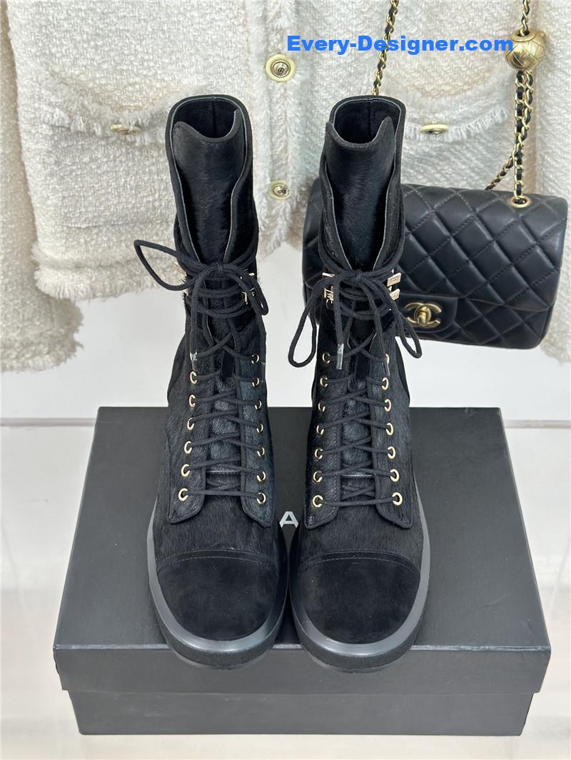 Ch**el black suede leather quilted lace-up boots