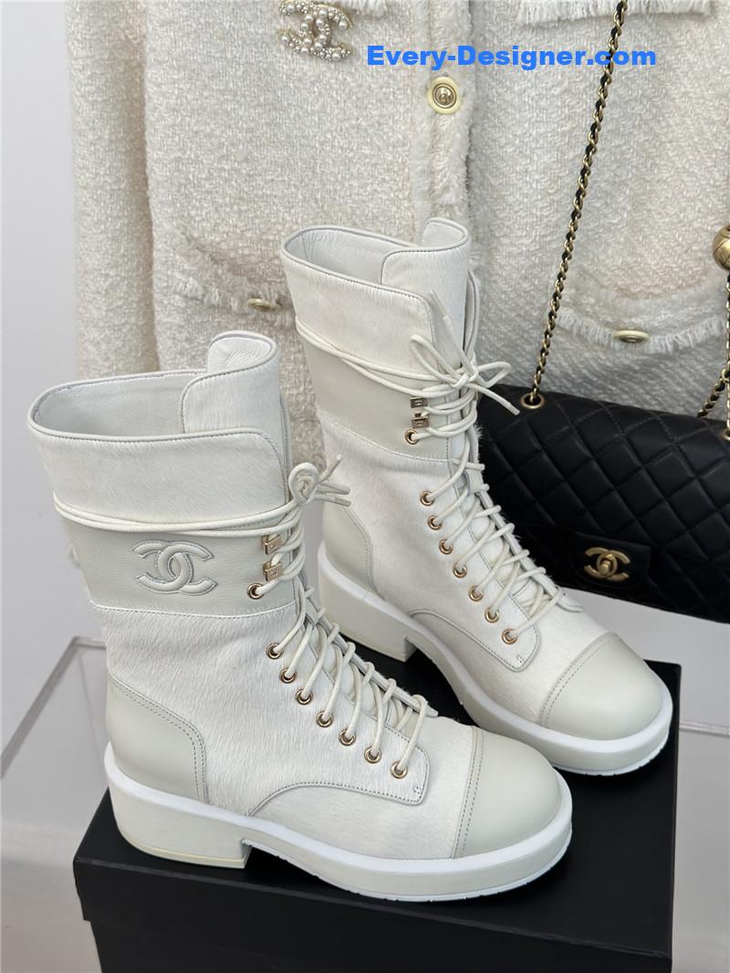 Ch**el white denim patent lambskin quilted lace-up boots
