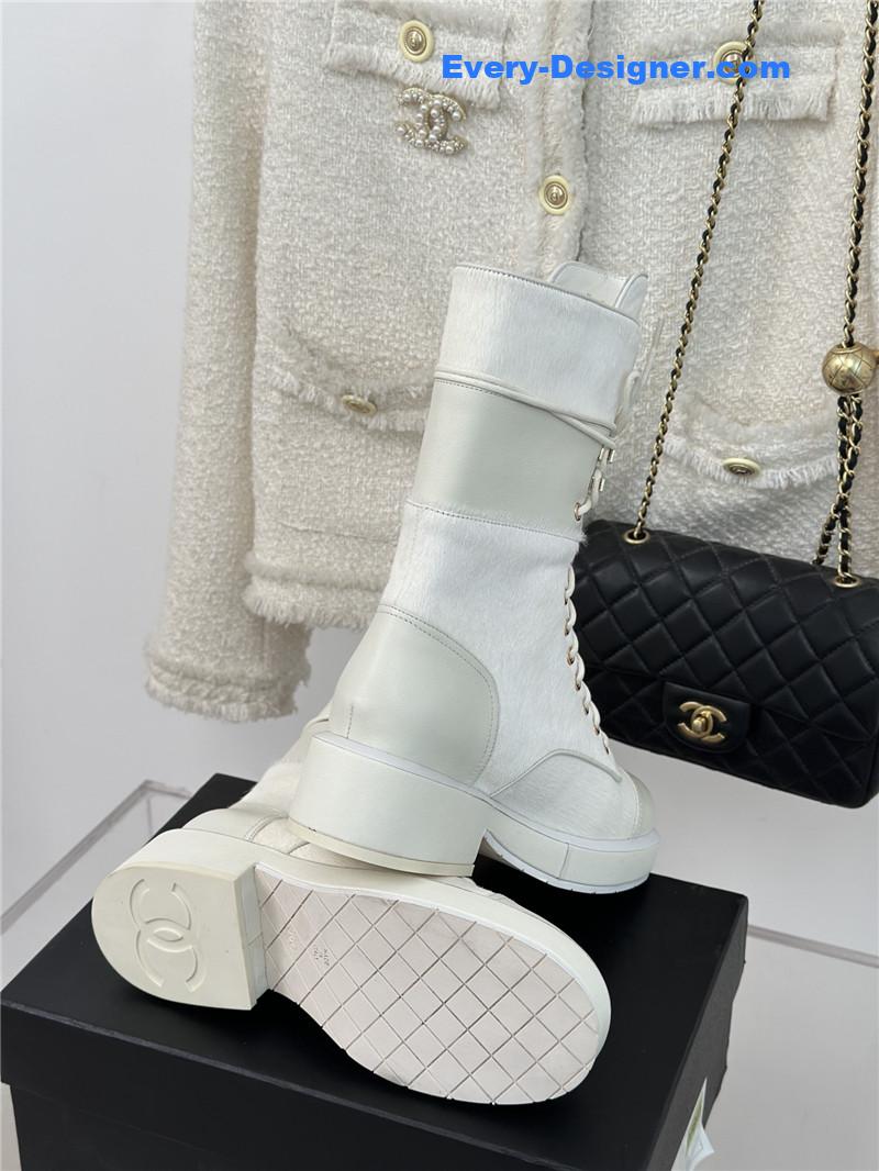 Ch**el white denim patent lambskin quilted lace-up boots