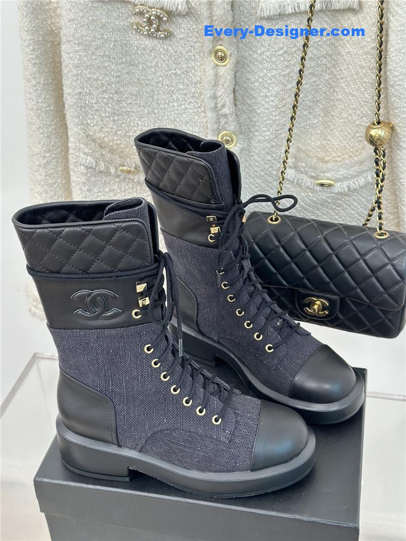 Ch**el denim patent lambskin quilted lace-up boots