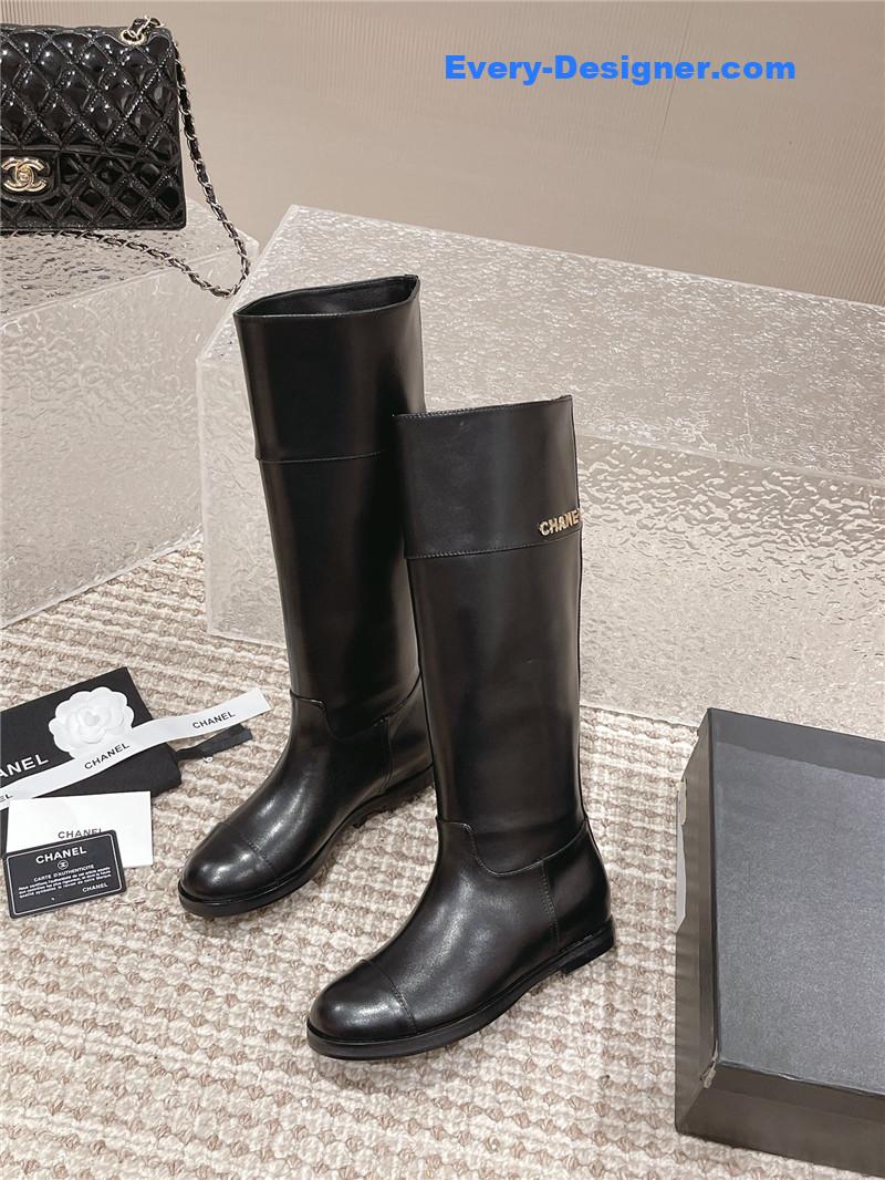 Ch**el flat calfskin zip knee high boots