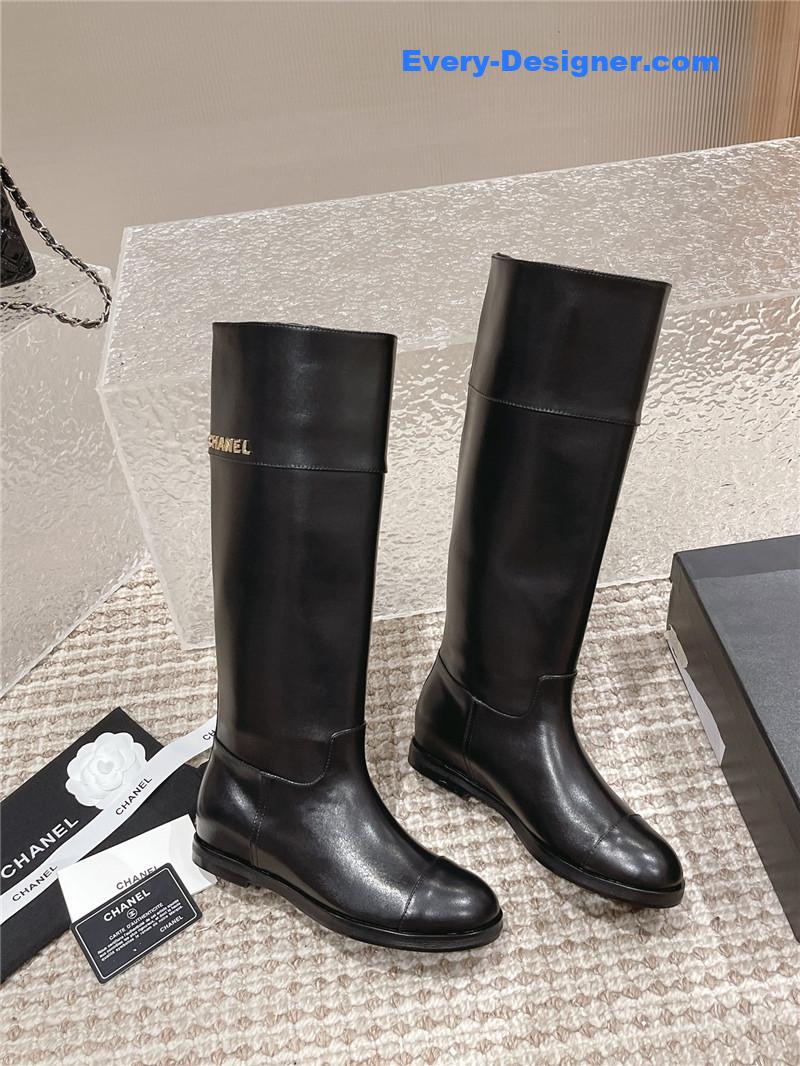 Ch**el flat calfskin zip knee high boots