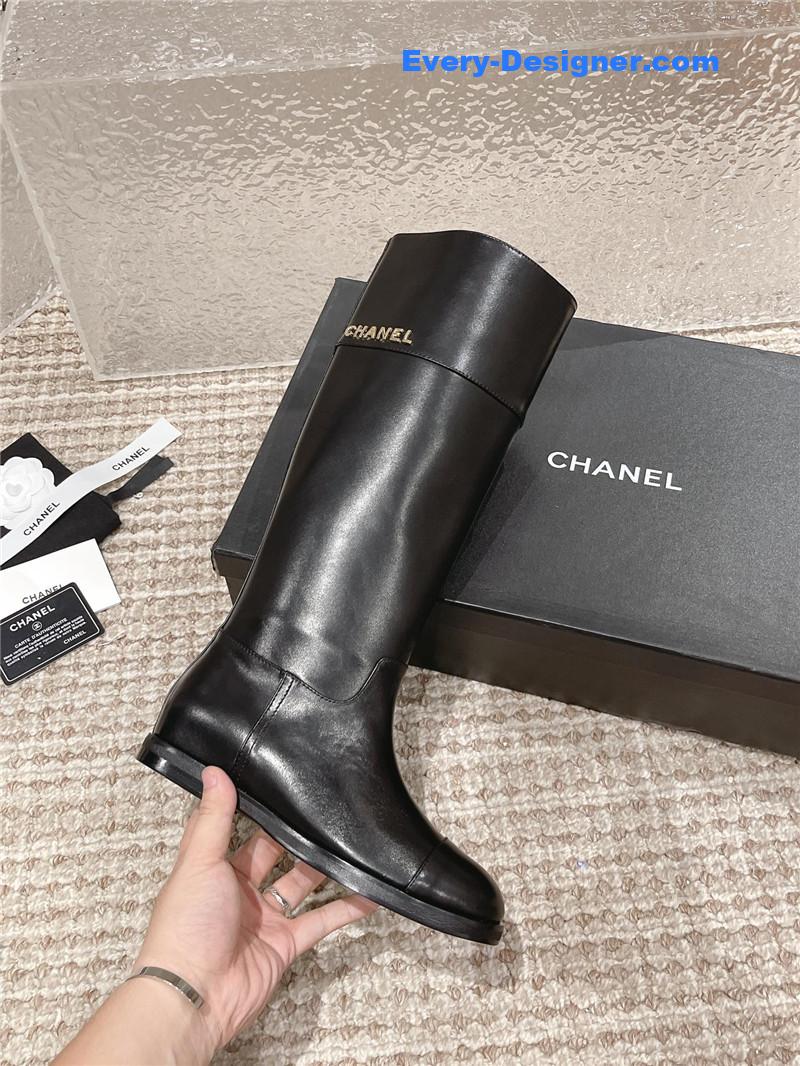 Ch**el flat calfskin zip knee high boots