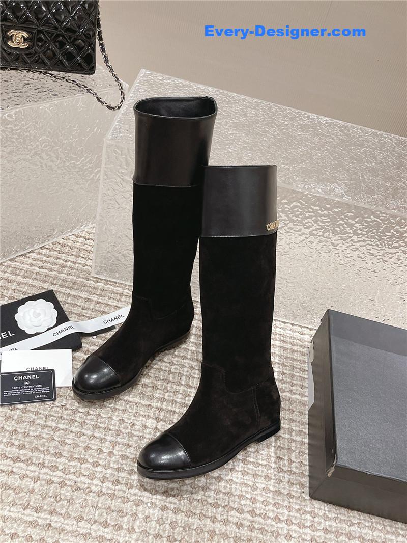Ch**el flat suede leather zip knee high boots