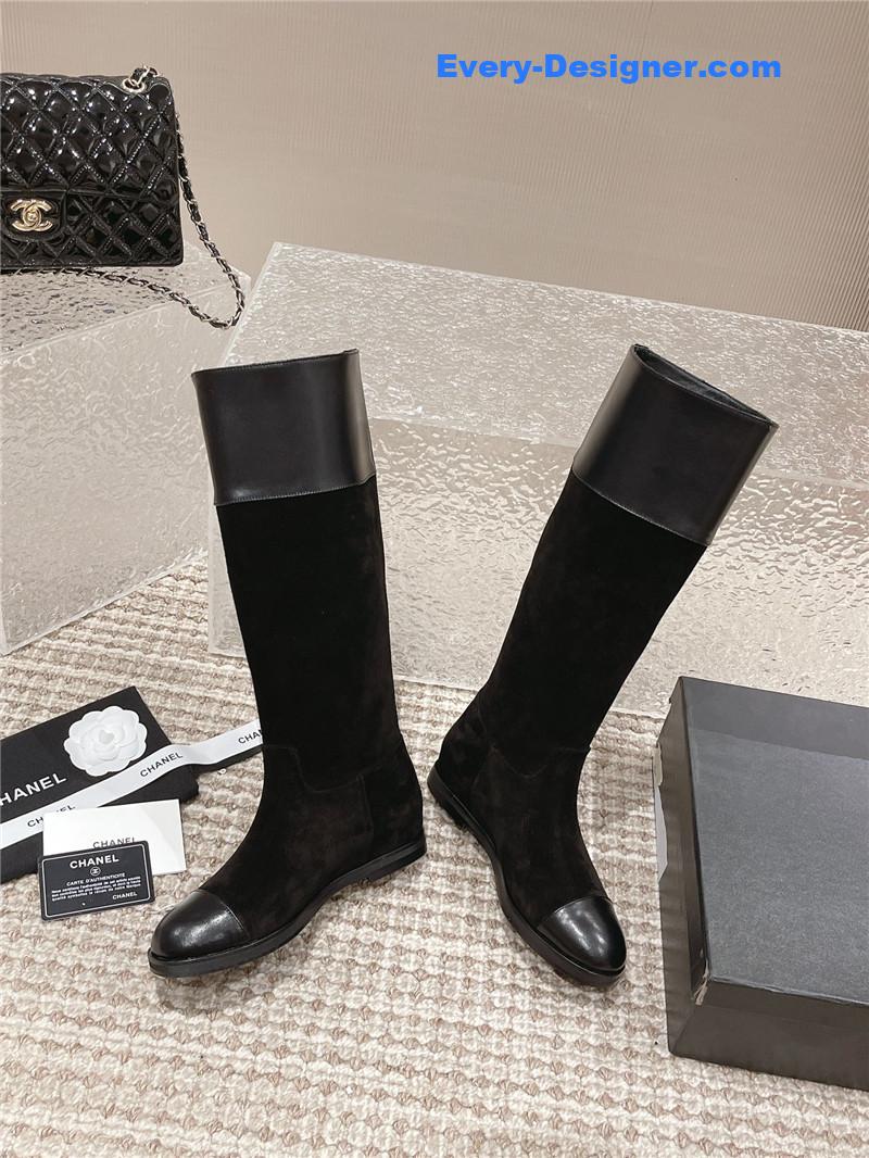 Ch**el flat suede leather zip knee high boots