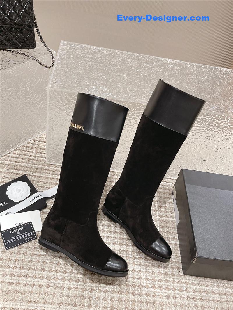Ch**el flat suede leather zip knee high boots