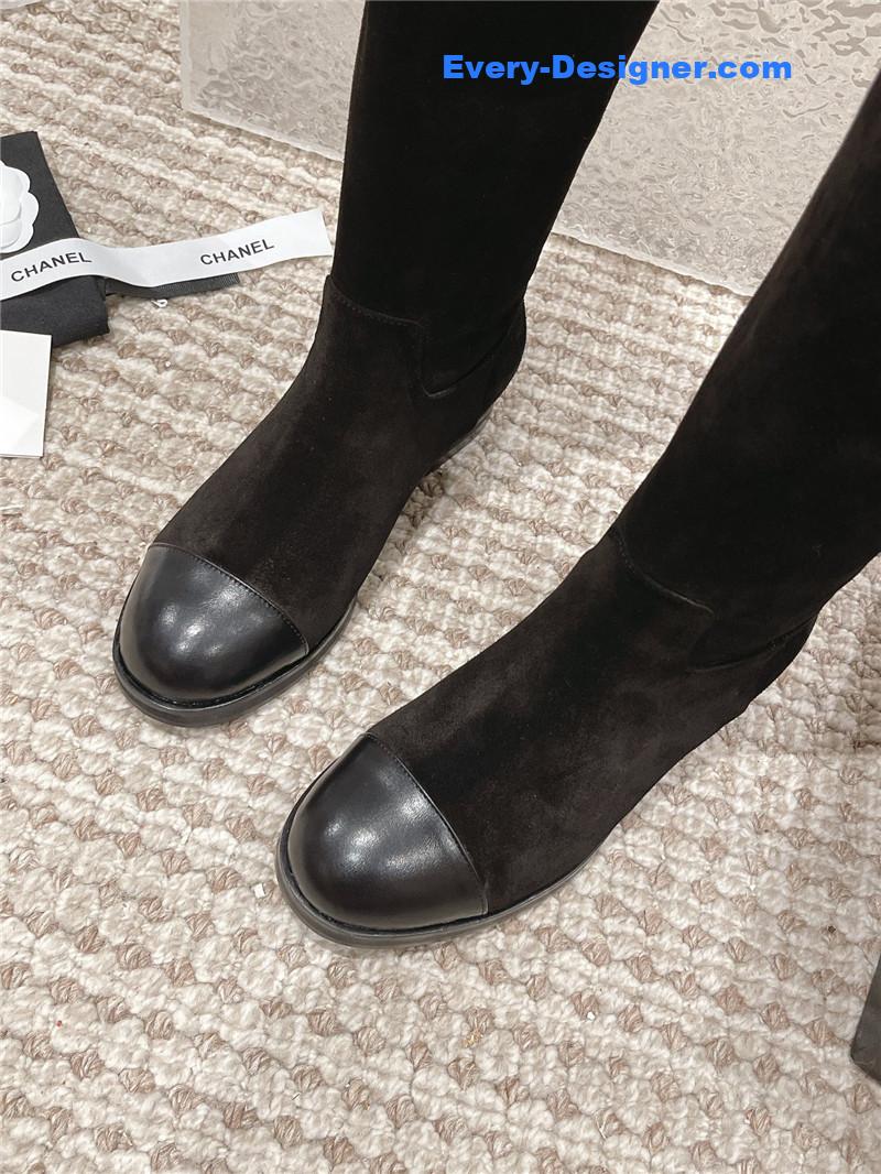 Ch**el flat suede leather zip knee high boots