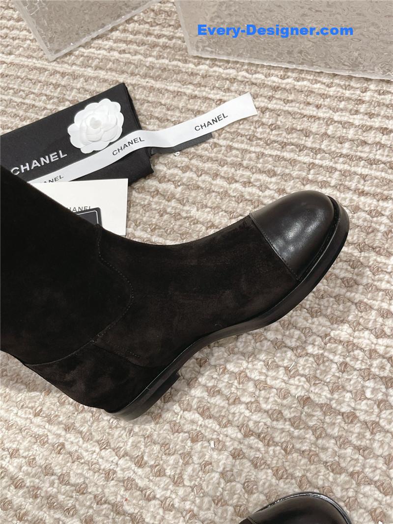 Ch**el flat suede leather zip knee high boots