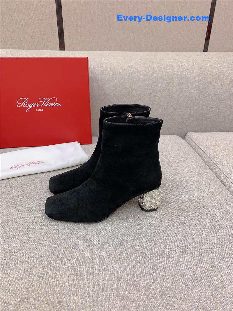 Roger Vivier Crystal-Embellished Heel Suede Boots