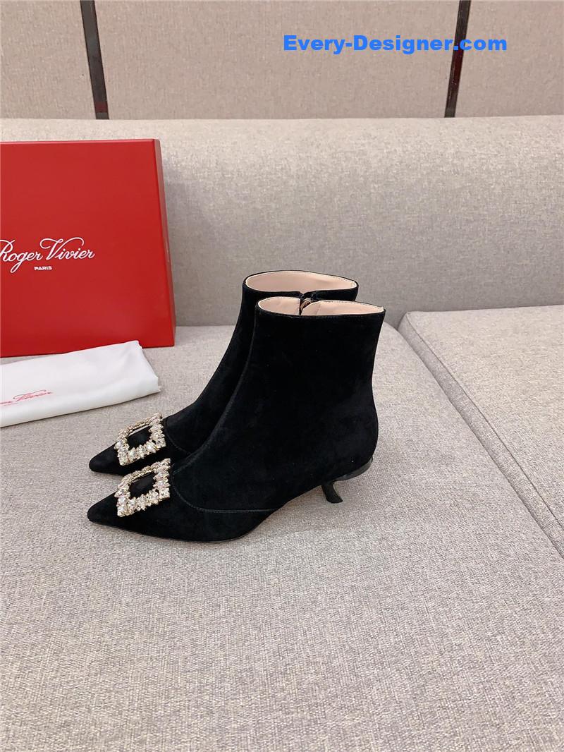 Roger Vivier Black Suede Crystal Buckle Ankle Boots