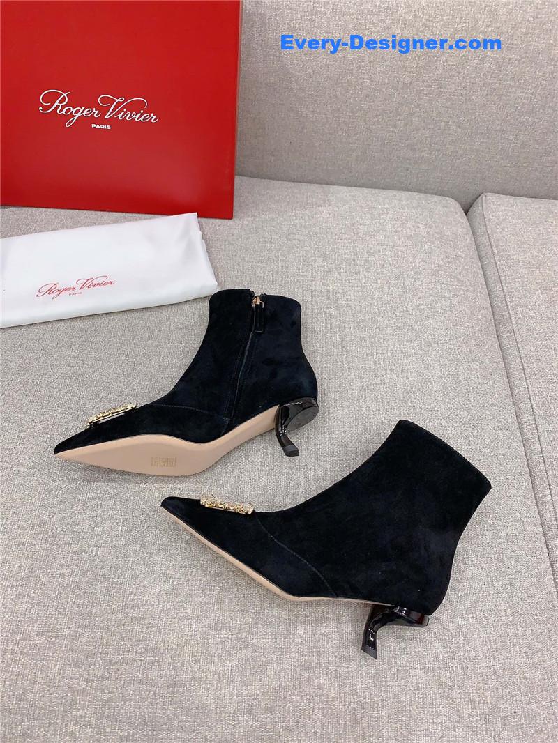 Roger Vivier Black Suede Crystal Buckle Ankle Boots