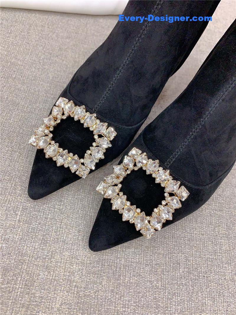 Roger Vivier Black Suede Crystal Buckle Ankle Boots