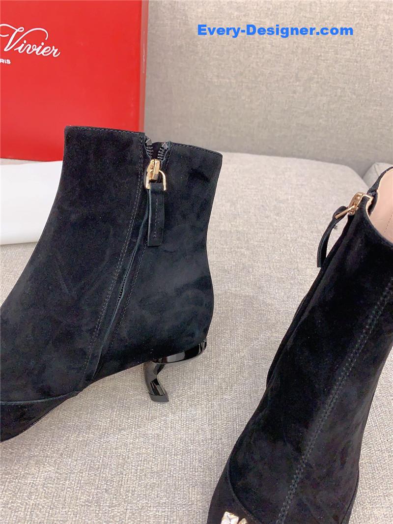 Roger Vivier Black Suede Crystal Buckle Ankle Boots