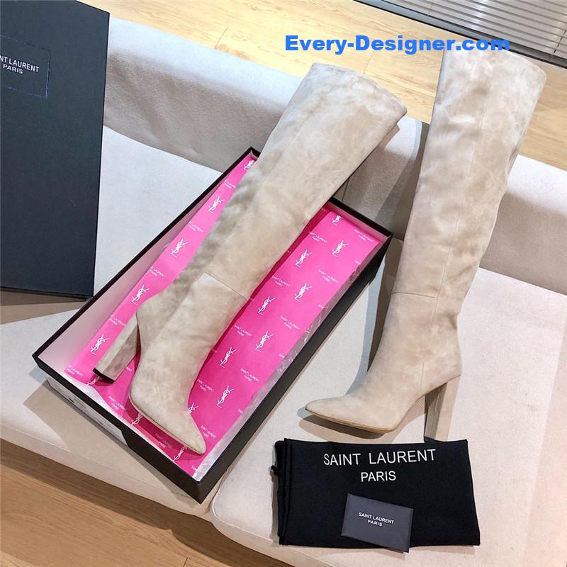 Sa1nt Lau*nt women’s beige suede over-the-knee boots