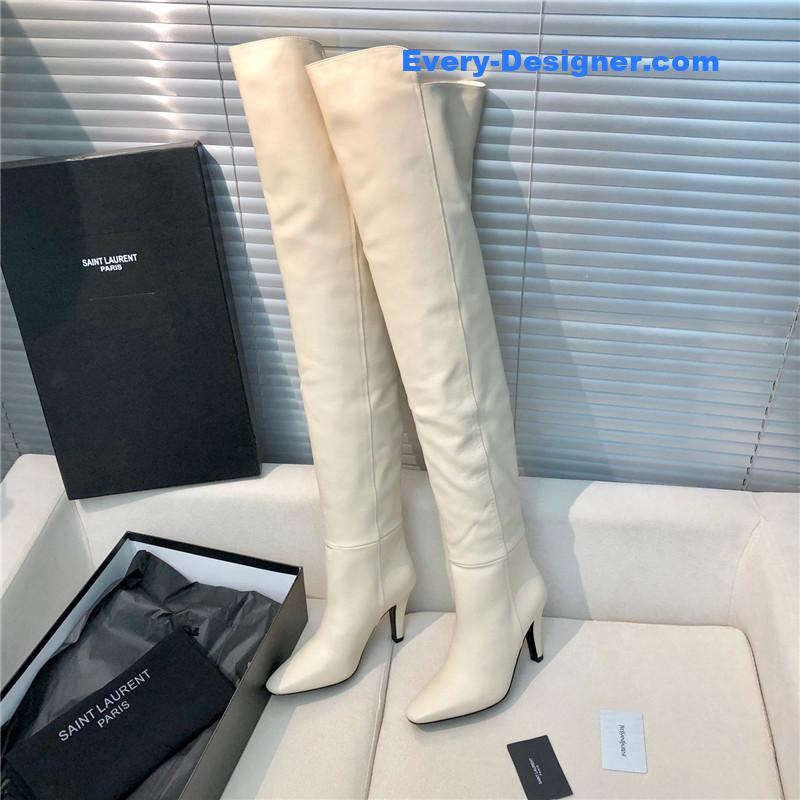 Sa1nt Lau*nt white leather over-the-knee boots