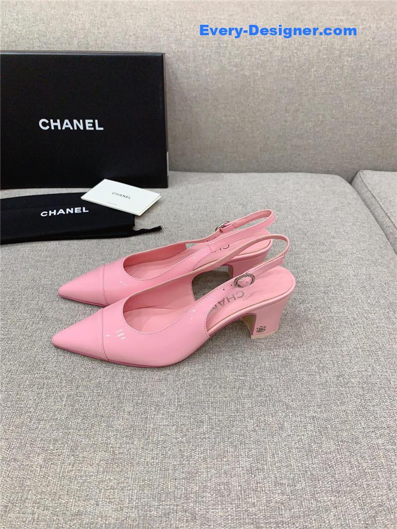 Ch**el classic sling back thick heel sandals