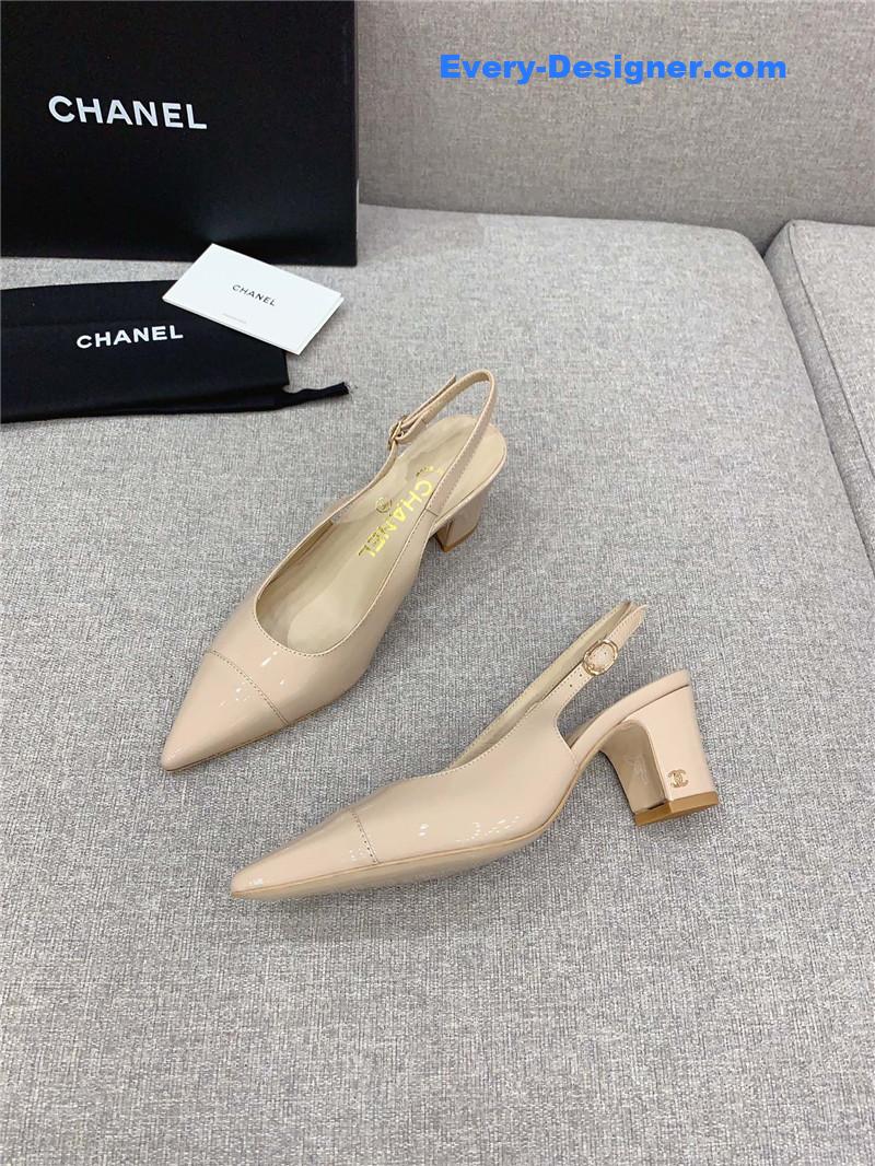 Ch**el classic sling back thick heel sandals