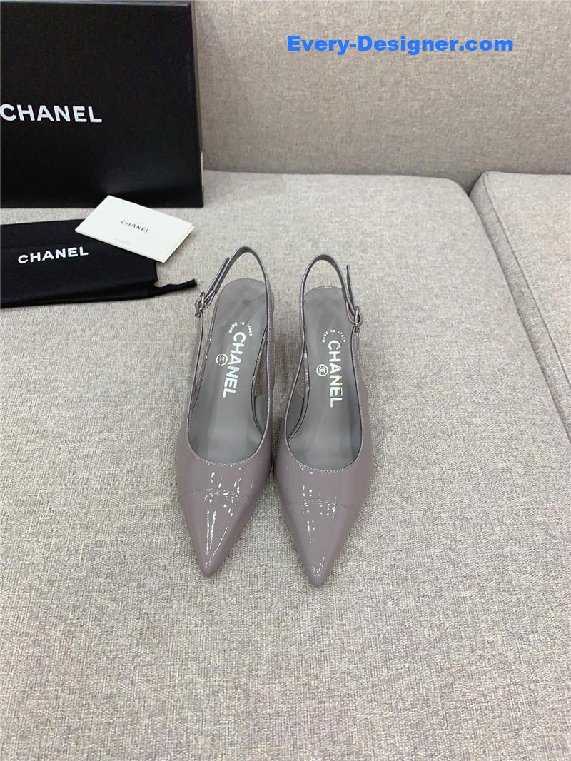 Ch**el classic sling back thick heel sandals