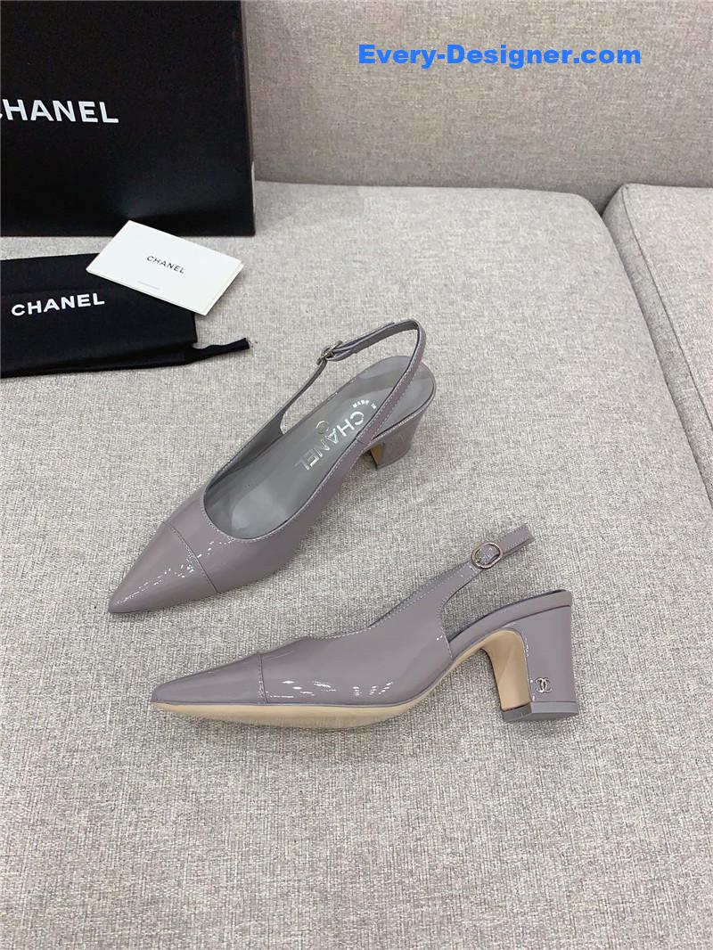 Ch**el classic sling back thick heel sandals