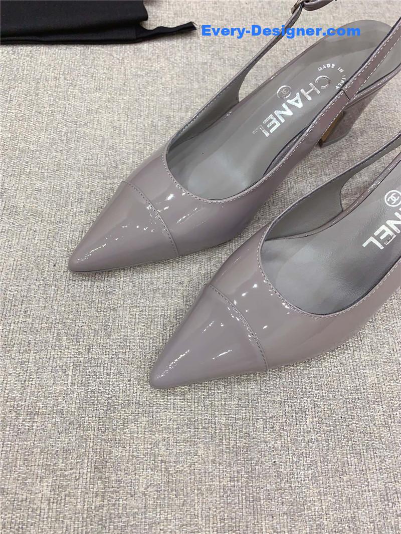 Ch**el classic sling back thick heel sandals